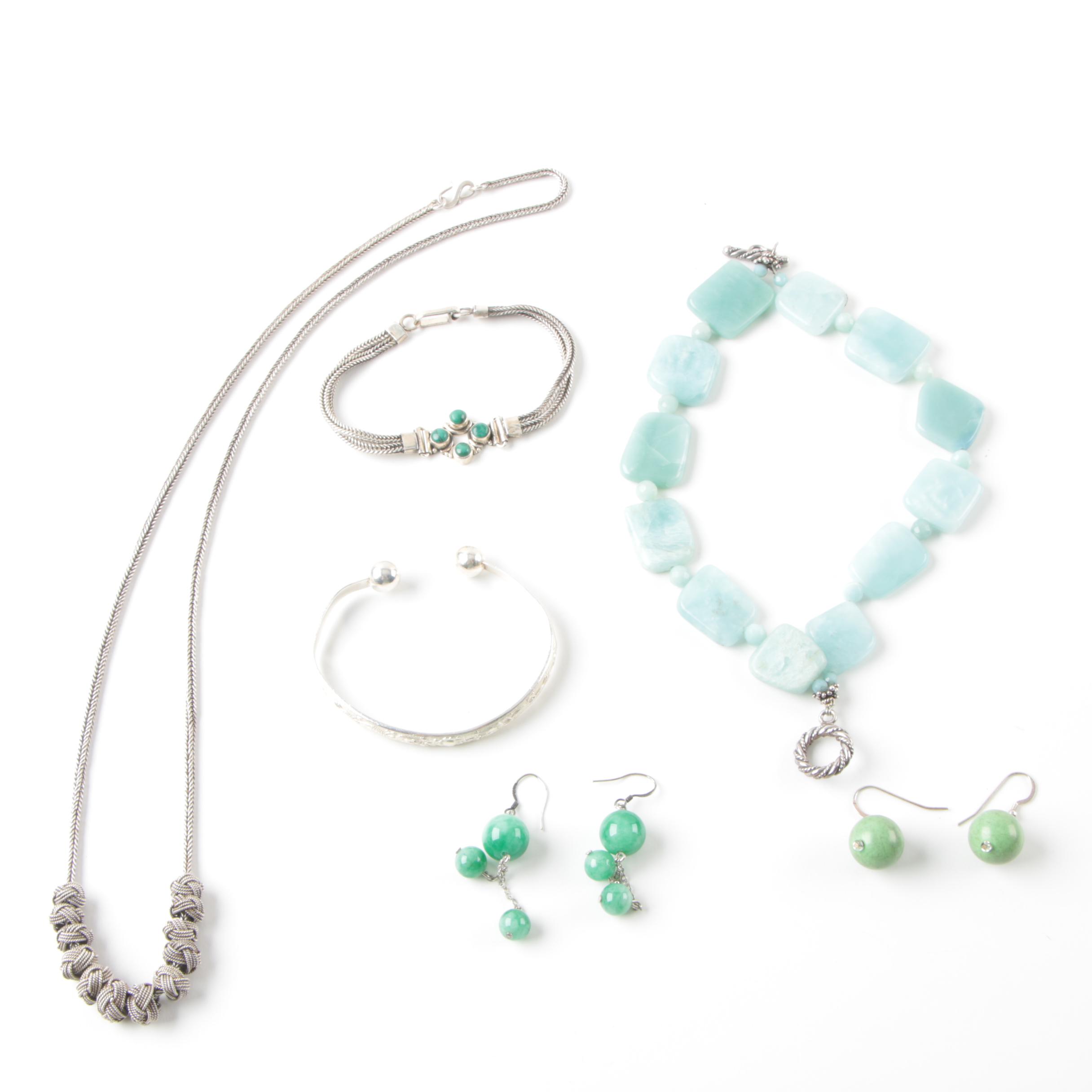 Sterling Silver Dyed Magnesite, Malachite, Common Opal and Dyed Quartz Jewelry