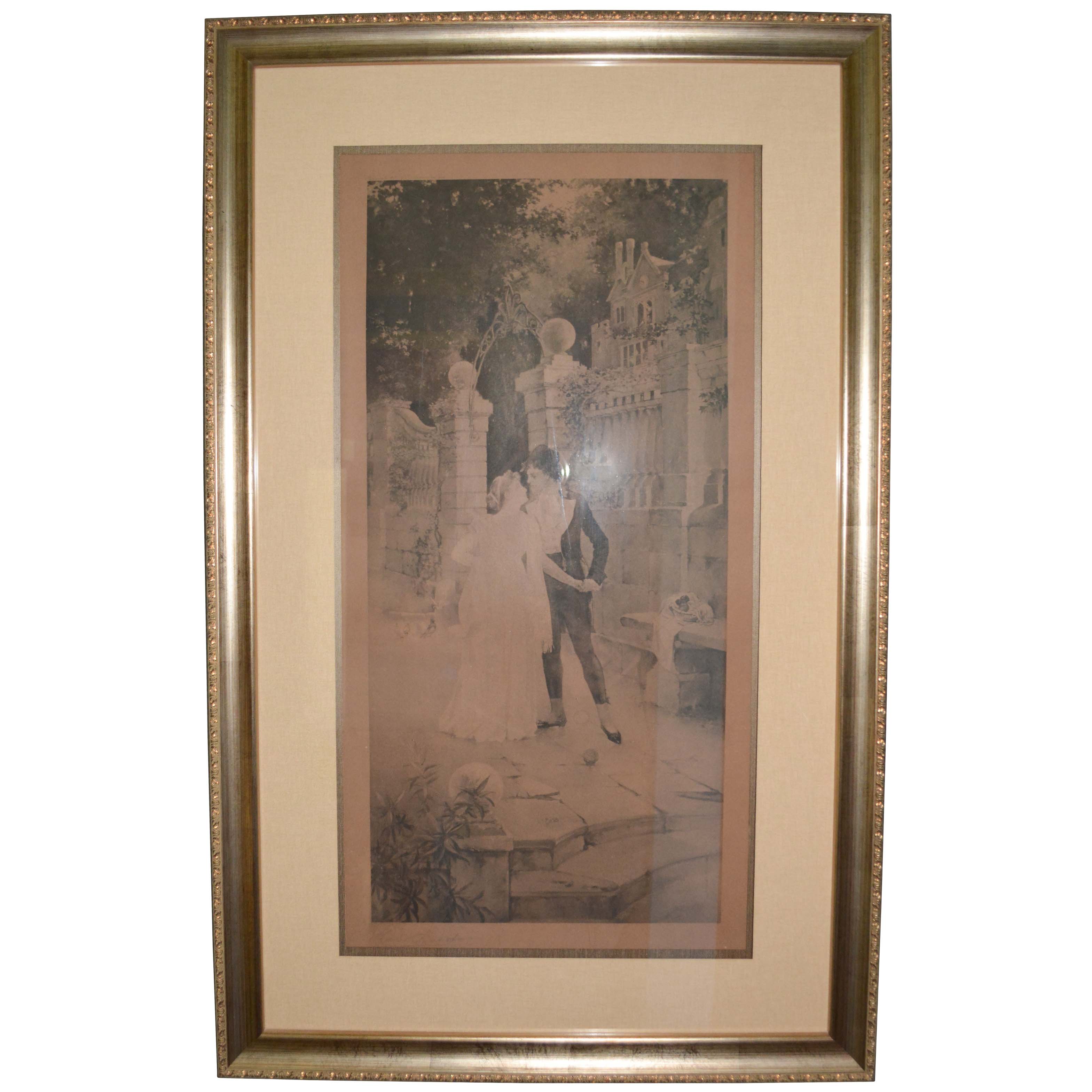 Antique Signed Planographic Print of Couple