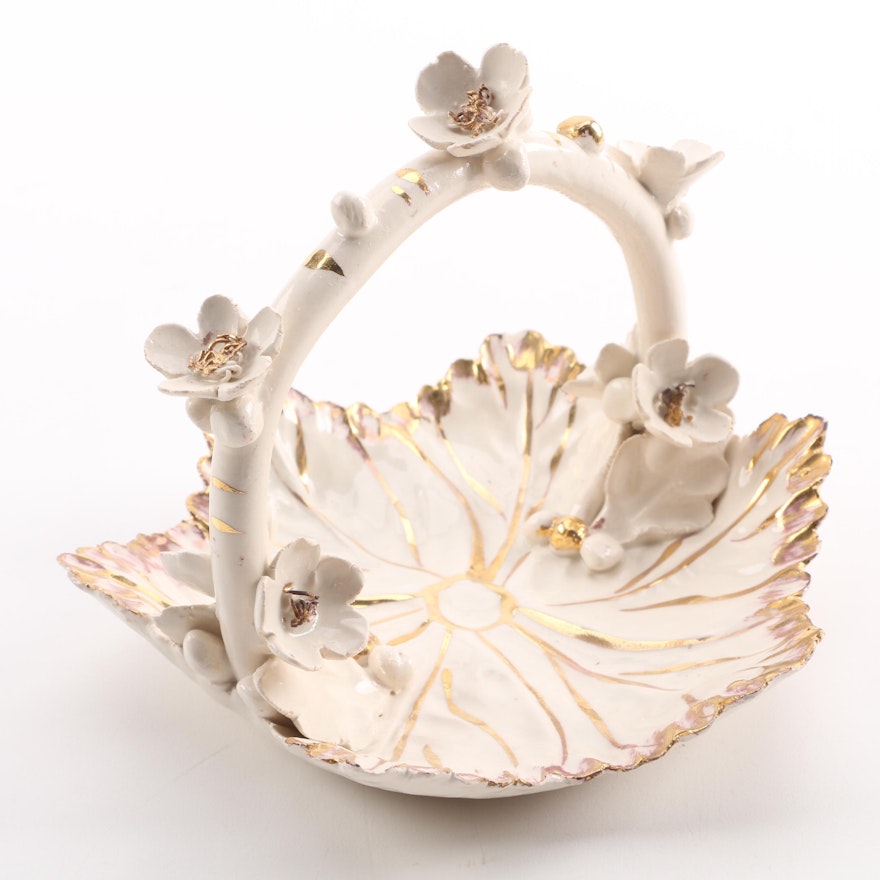 White Ceramic Italian Basket with Gold Tone Floral Accents