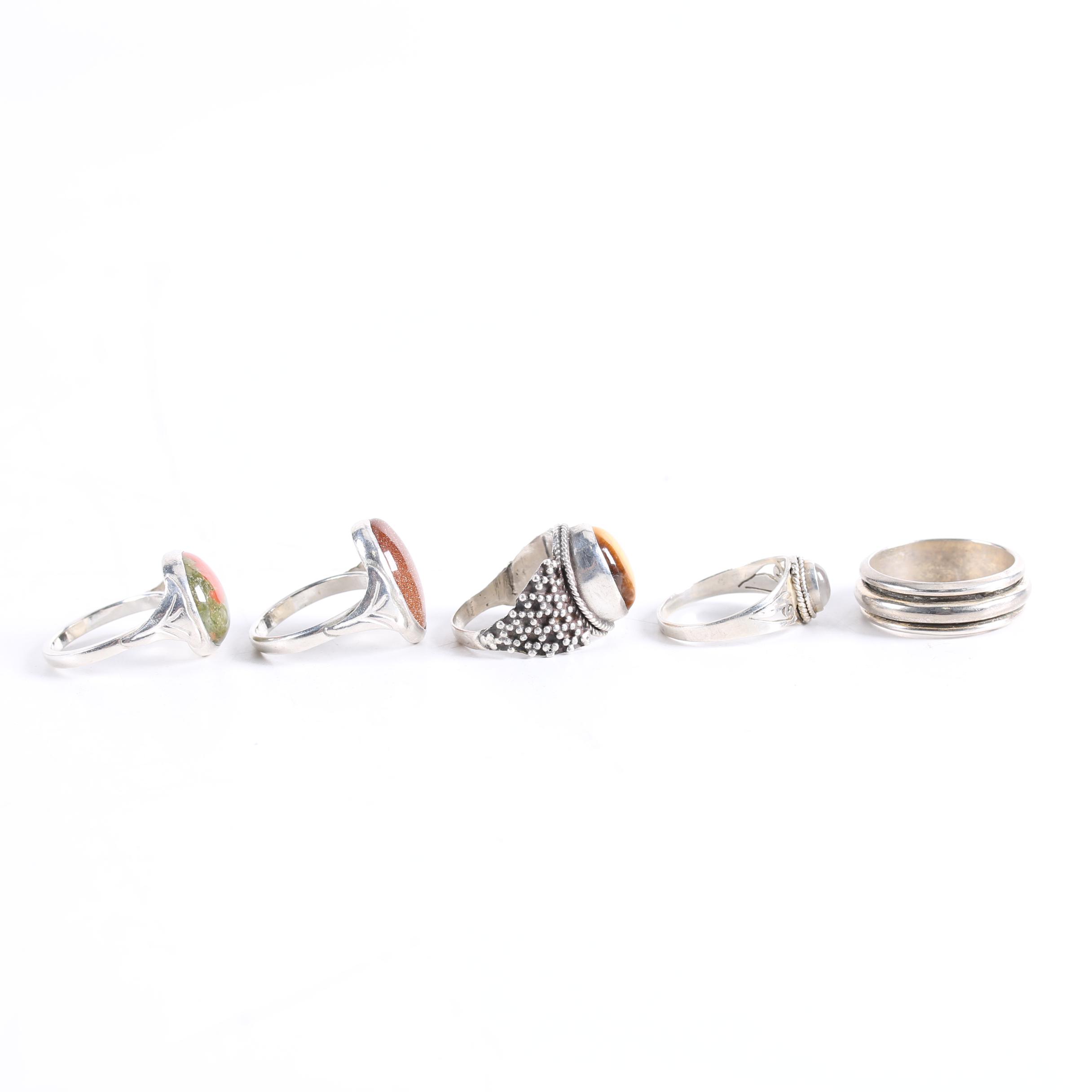 Selection of Sterling Silver Tiger's Eye, Unakite, Goldstone and Moonstone Rings