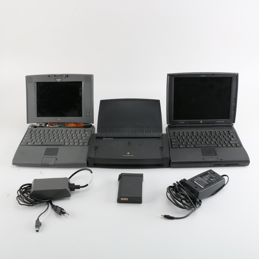 Vintage Apple Printer and PowerBook Laptops with Chargers and Battery