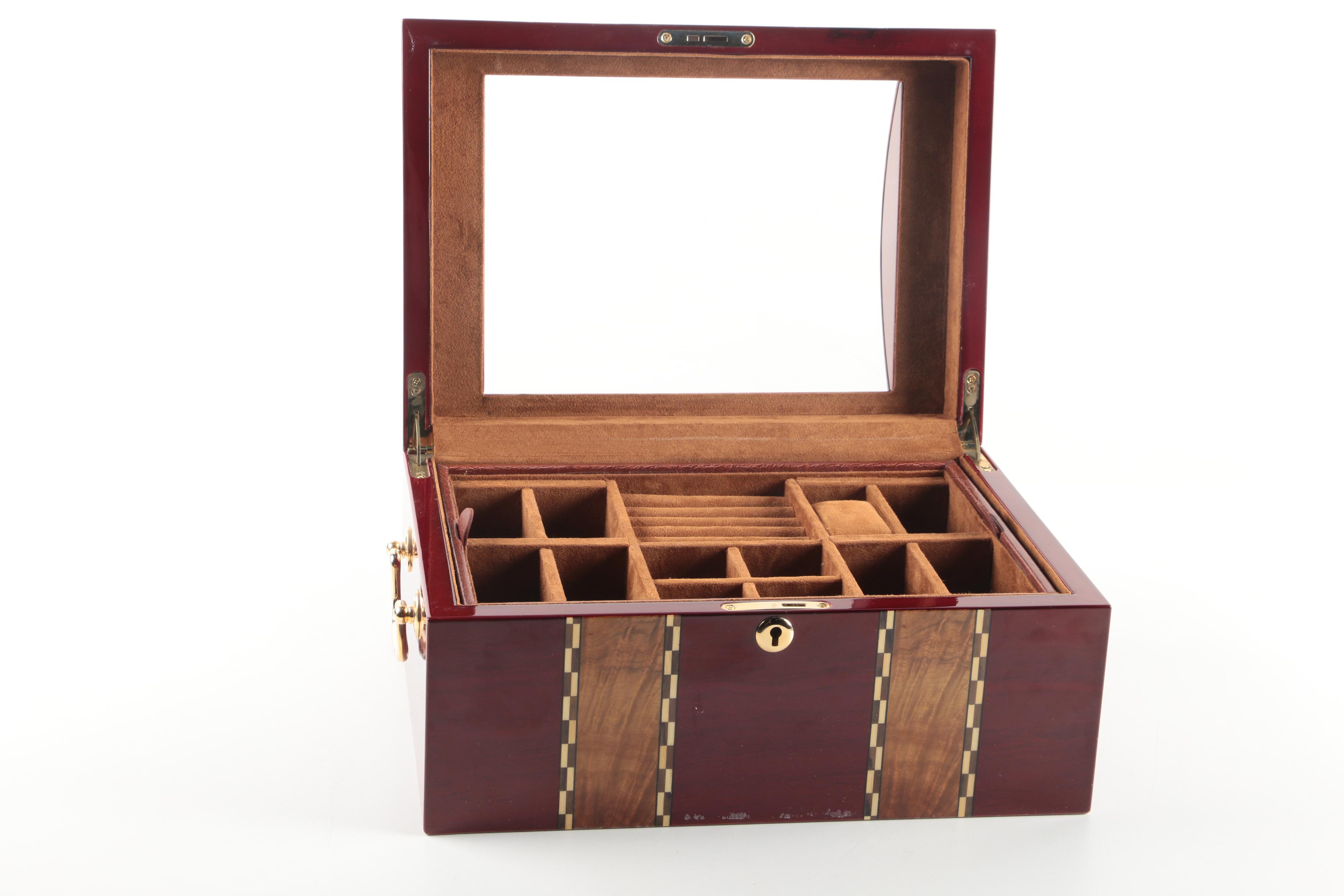 Inlaid Wood Jewelry Box with Glass Lid