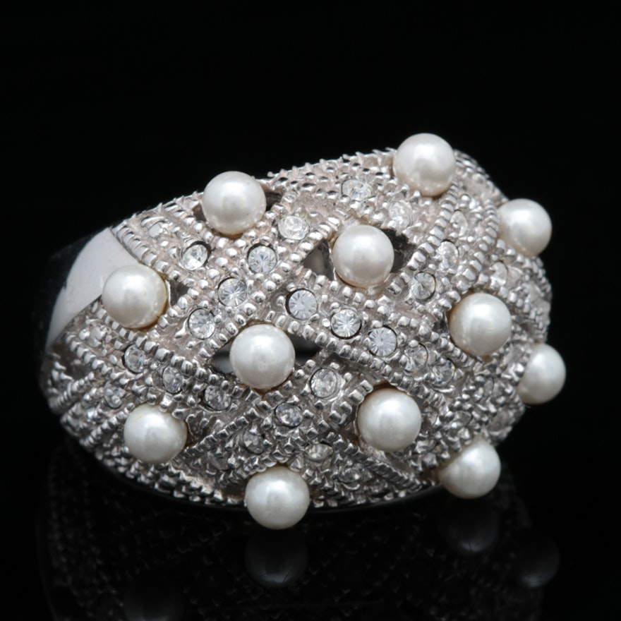 Sterling Silver, Cubic Zirconia and Faux Pearl Ring