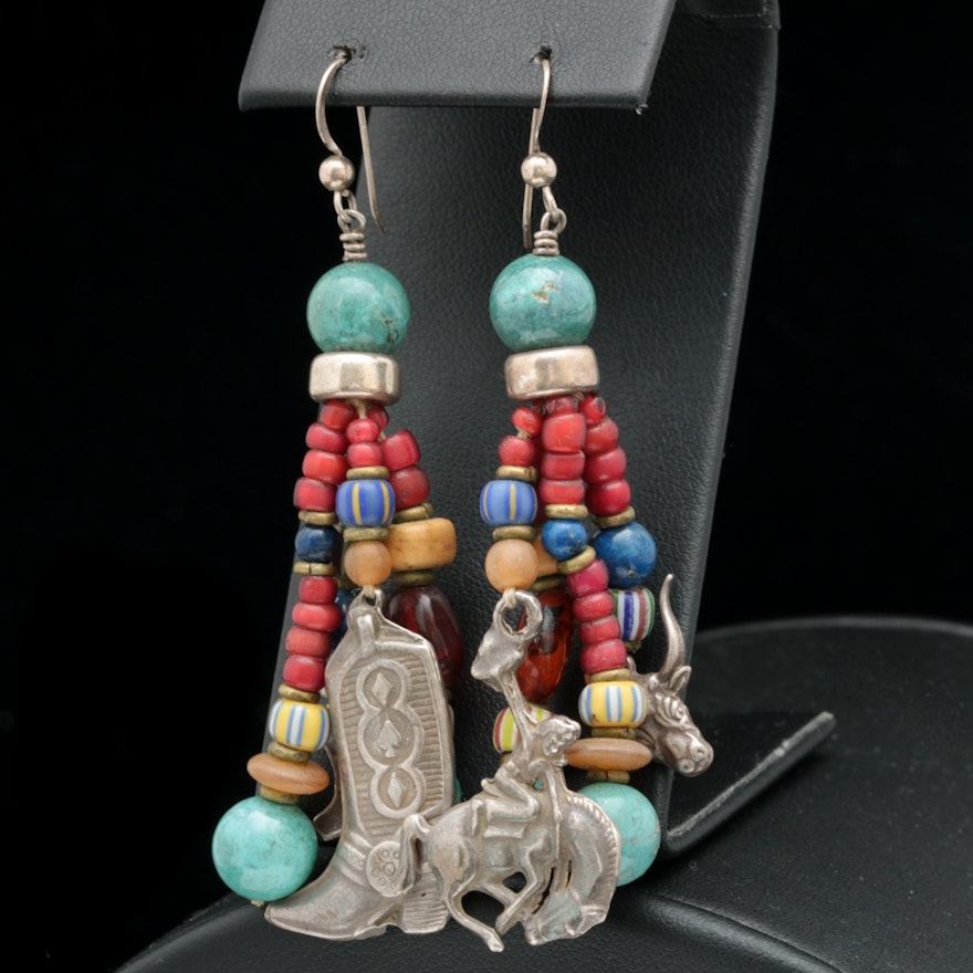 Sterling Silver and Multi-Bead Cowboy Themed Dangle Earrings