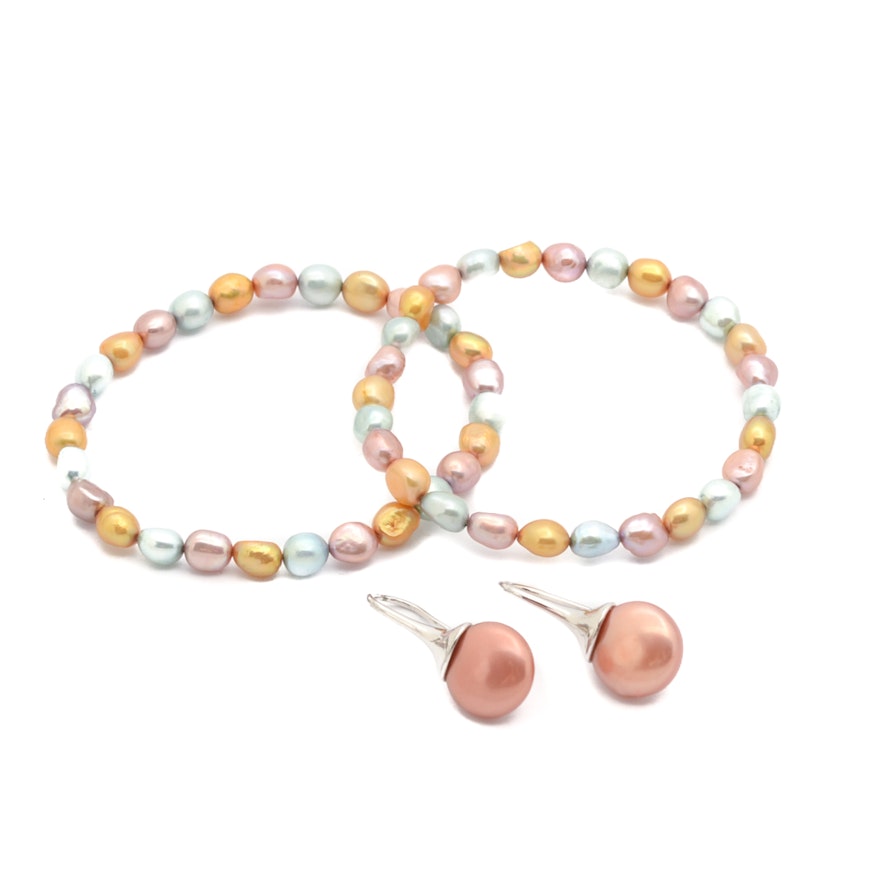 Sterling Silver Honora Coin Pearl Earrings and Two Honora Pearl Bracelets