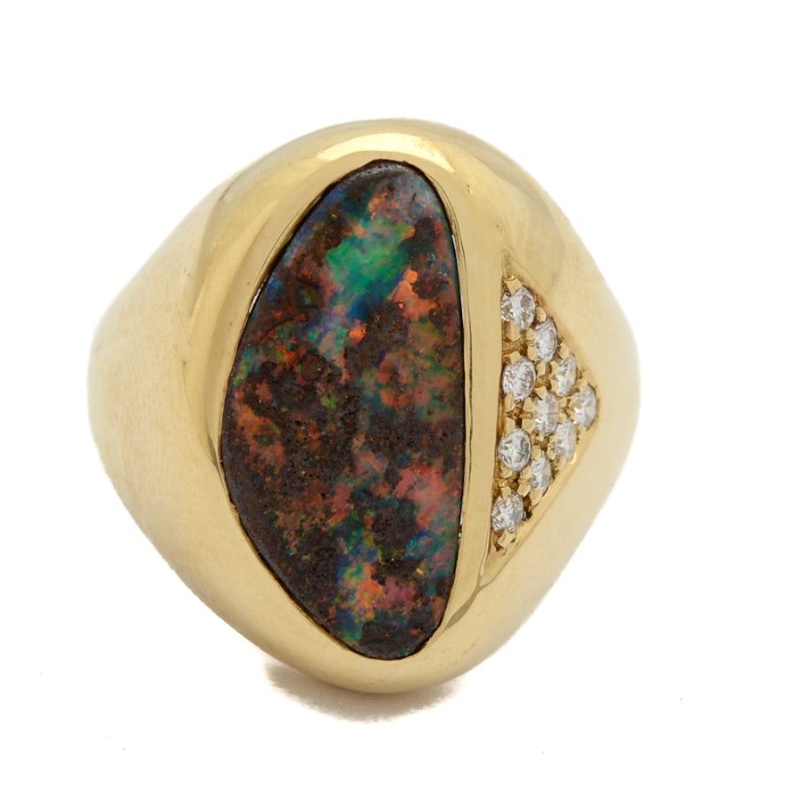 18K Yellow Gold Opal and Diamond Ring