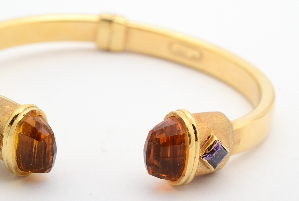 18K Yellow Gold Cuff Bracelet with Citrine and Iolite