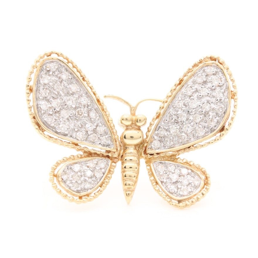 14K Yellow Gold Diamond Butterfly Brooch