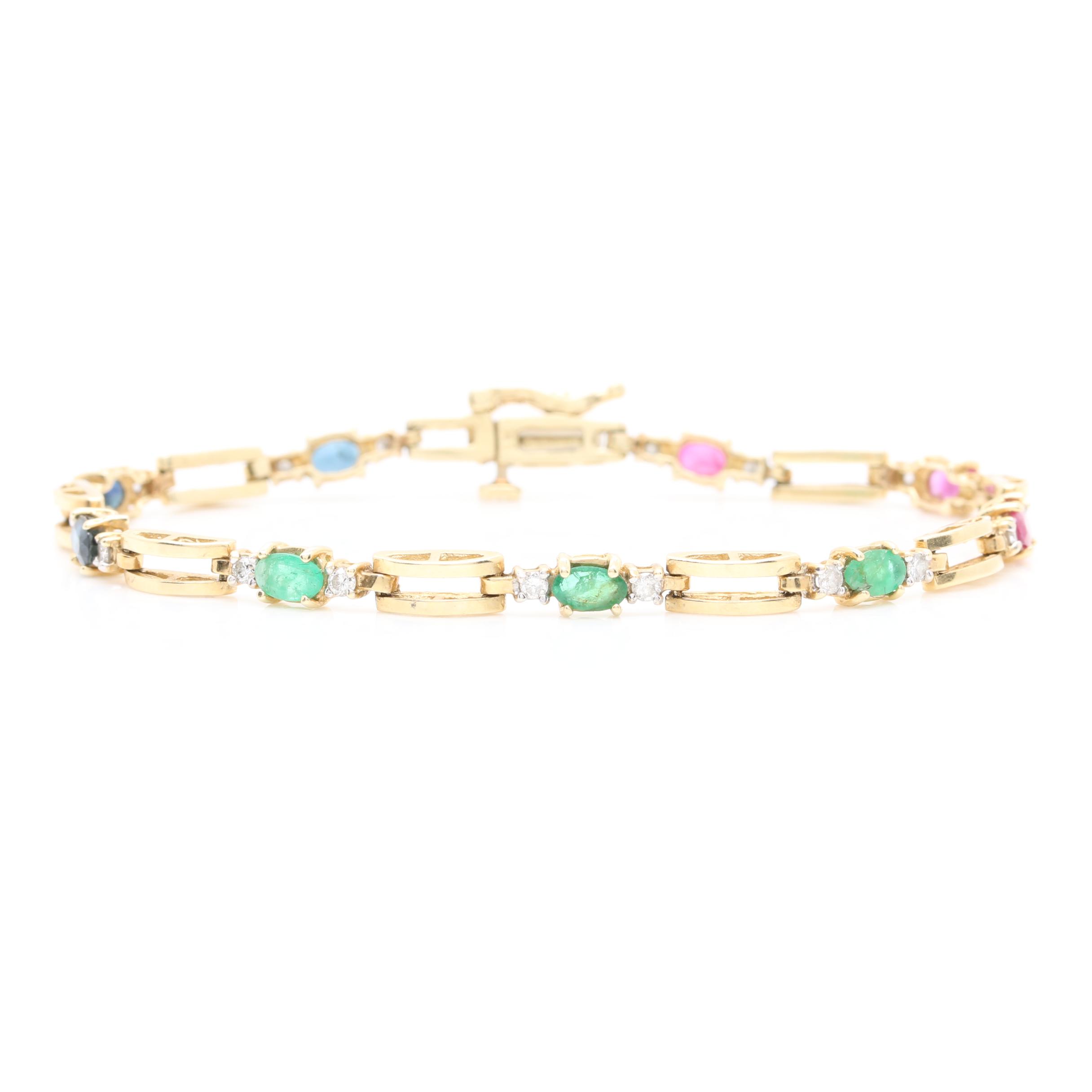 14K Yellow Gold Ruby, Emerald, Blue Sapphire, and Diamond Link Bracelet
