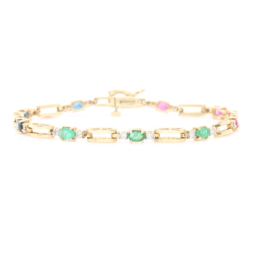 14K Yellow Gold Ruby, Emerald, Blue Sapphire, and Diamond Link Bracelet