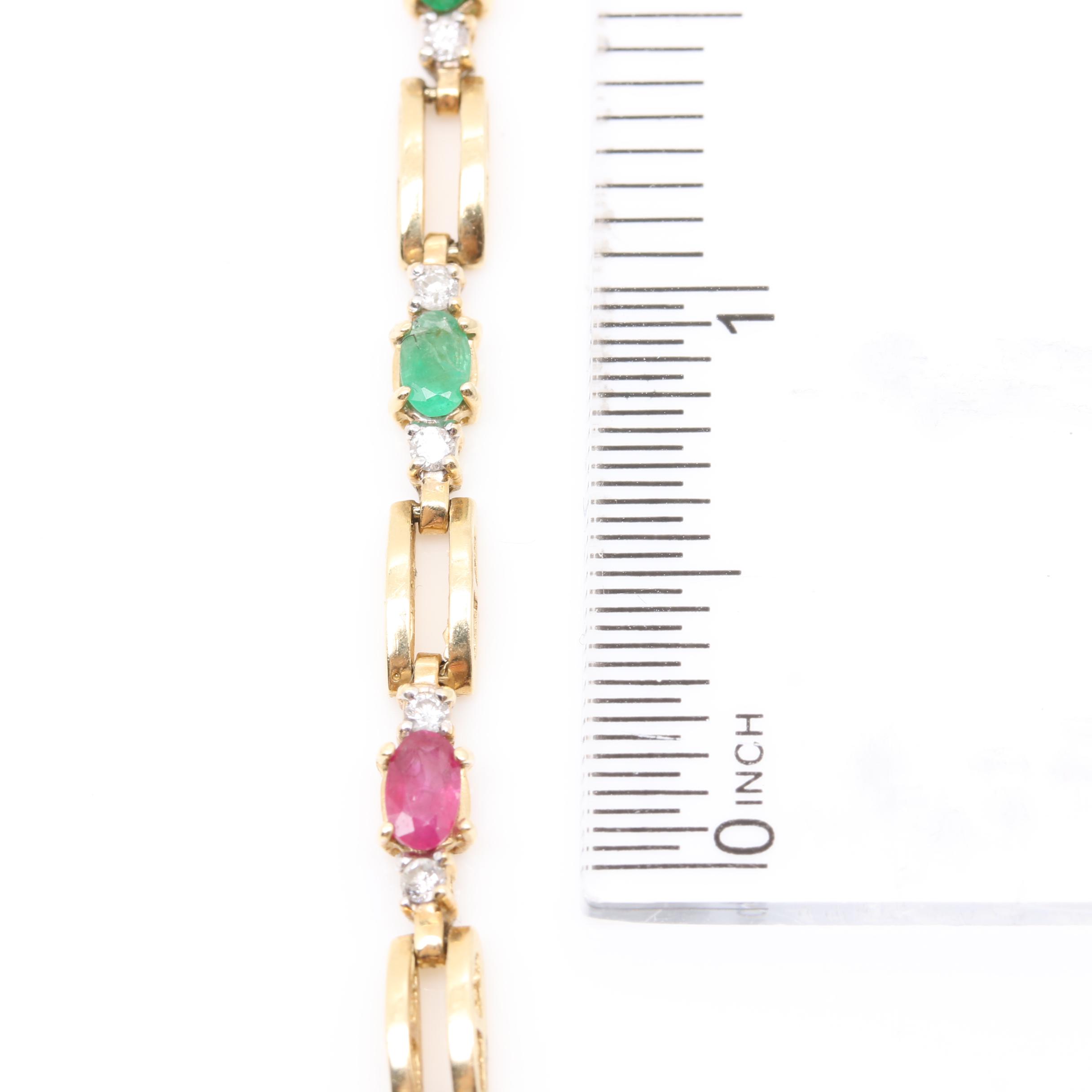 14K Yellow Gold Ruby, Emerald, Blue Sapphire, and Diamond Link Bracelet