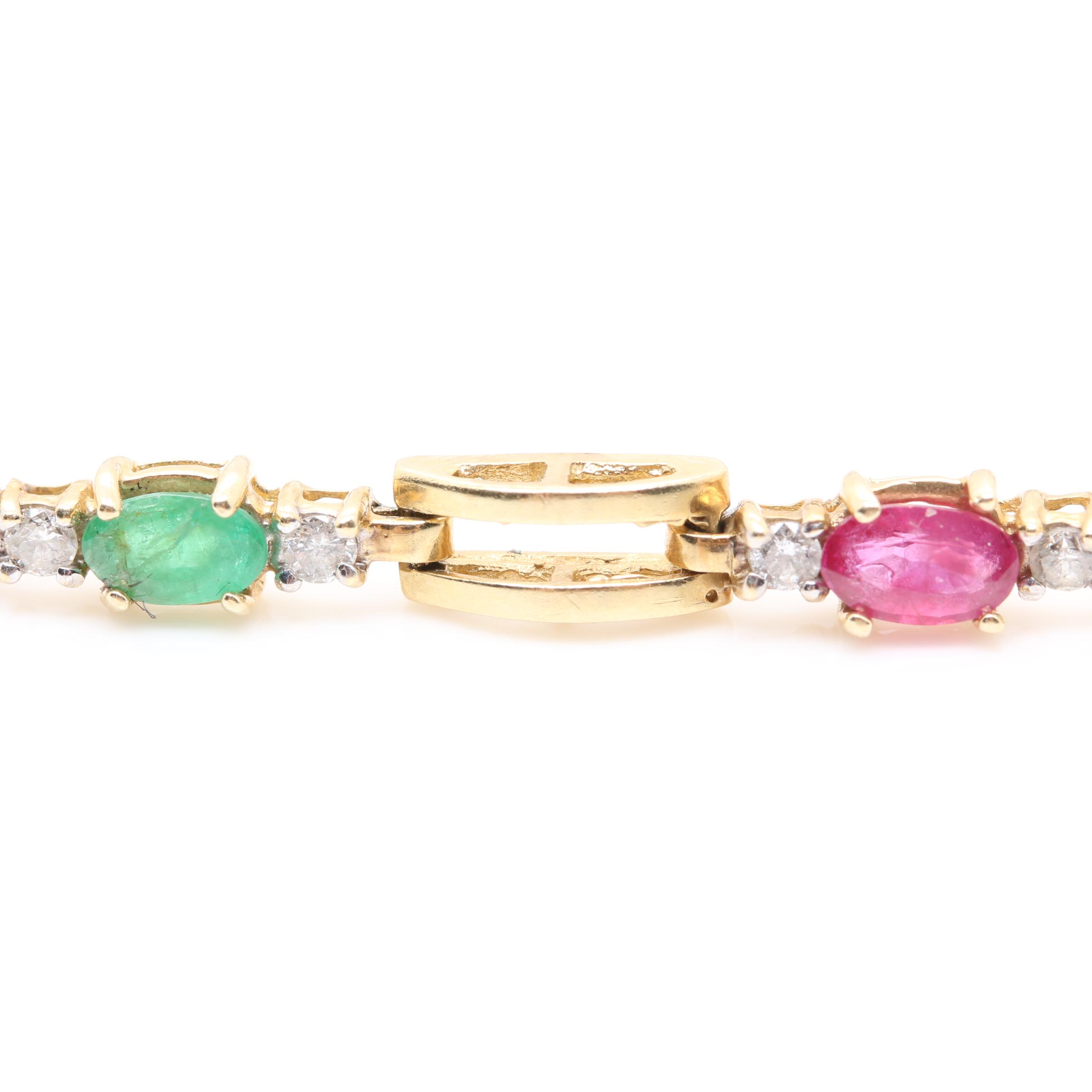 14K Yellow Gold Ruby, Emerald, Blue Sapphire, and Diamond Link Bracelet
