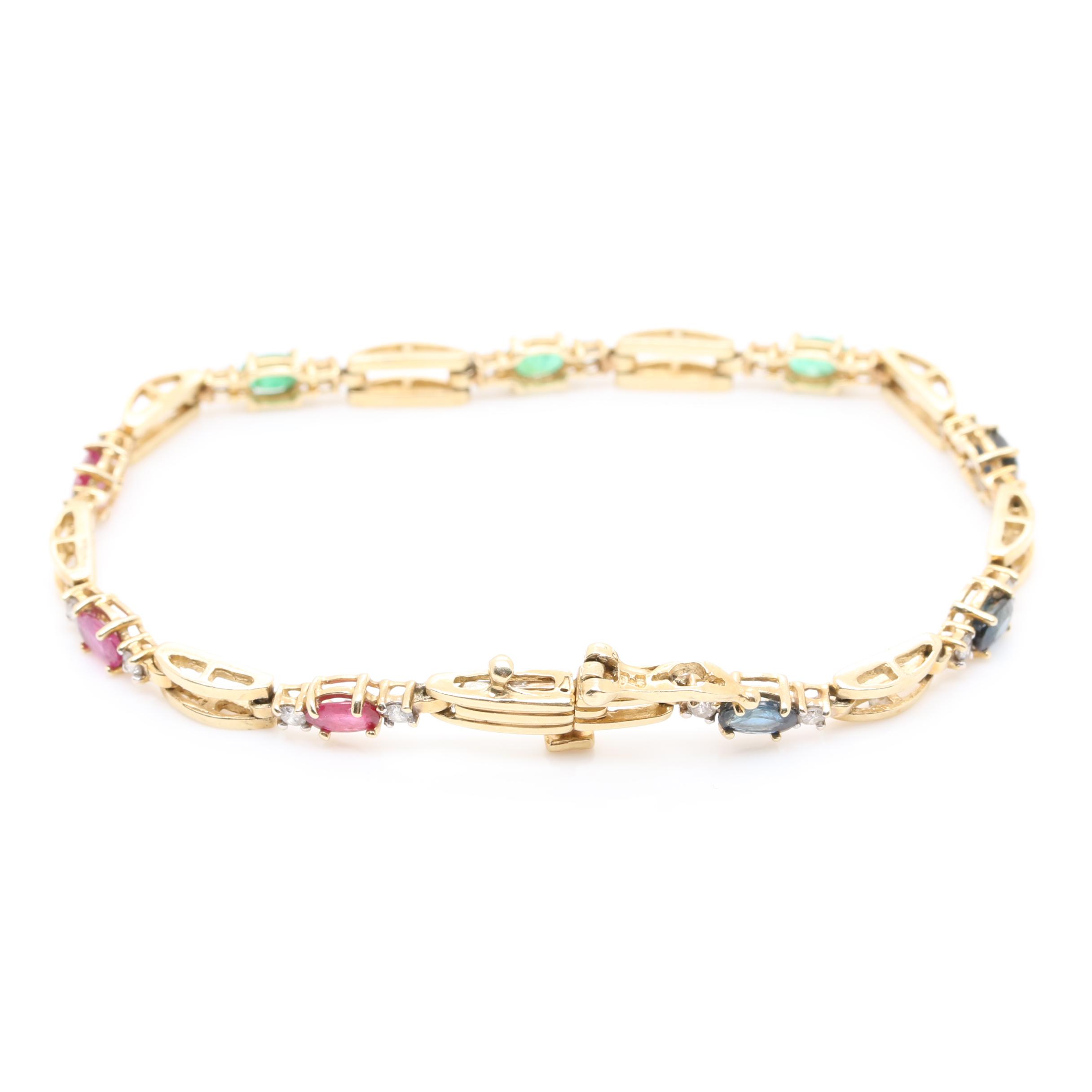 14K Yellow Gold Ruby, Emerald, Blue Sapphire, and Diamond Link Bracelet