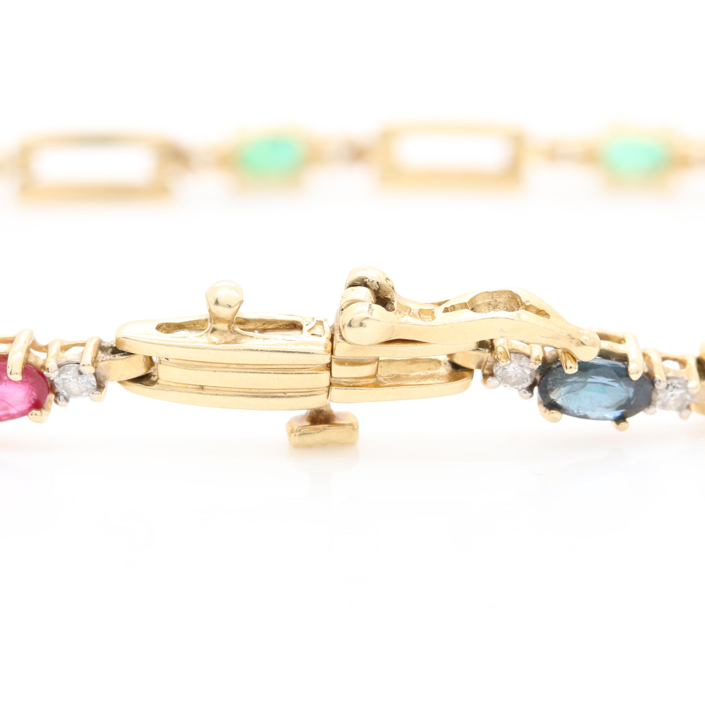 14K Yellow Gold Ruby, Emerald, Blue Sapphire, and Diamond Link Bracelet