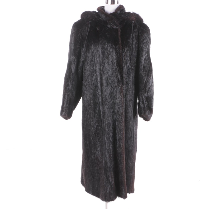 Women's Vintage Barth-Wind Dyed Nutria Fur Coat with Hood