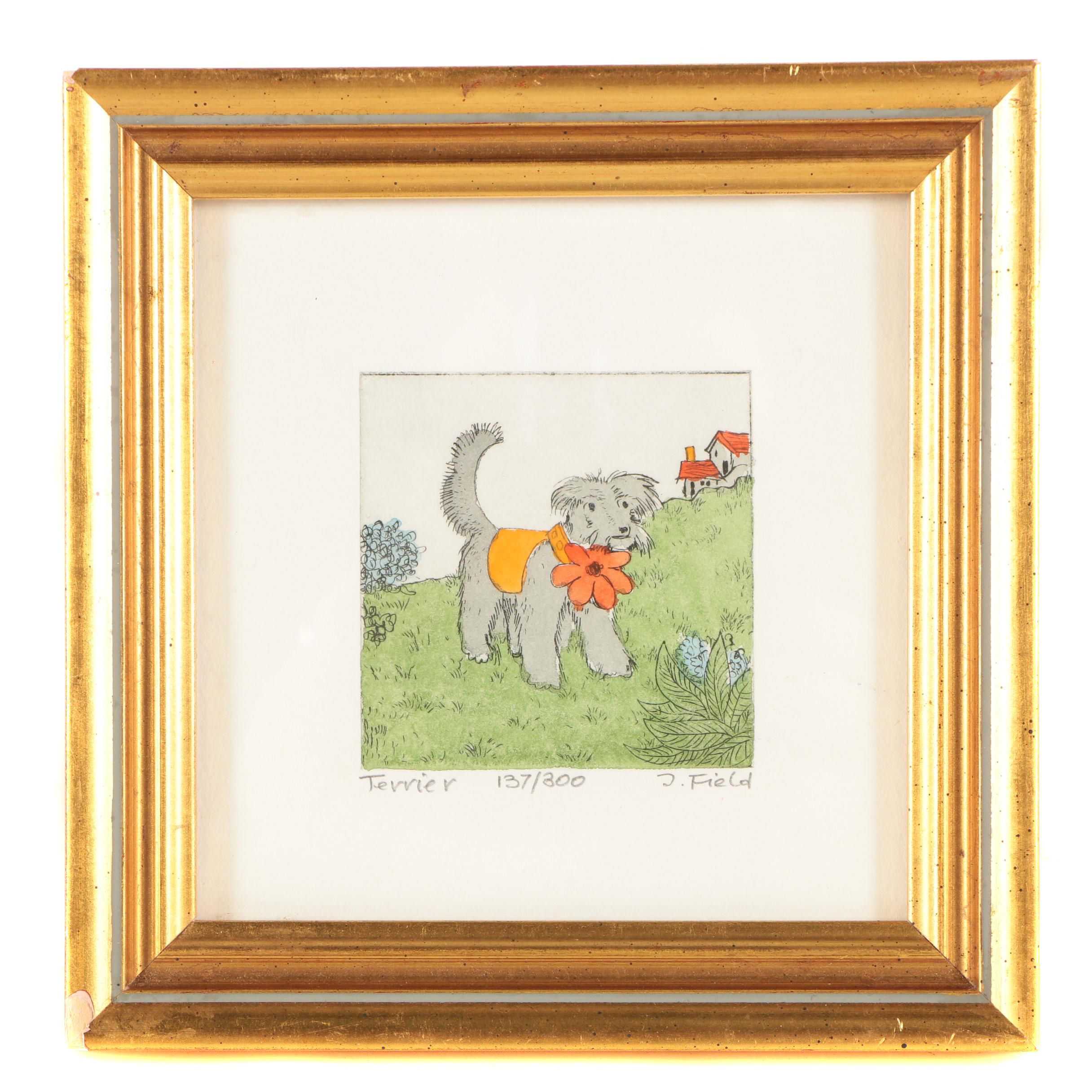 Field Limited Edition Hand Colored Etching "Terrier"