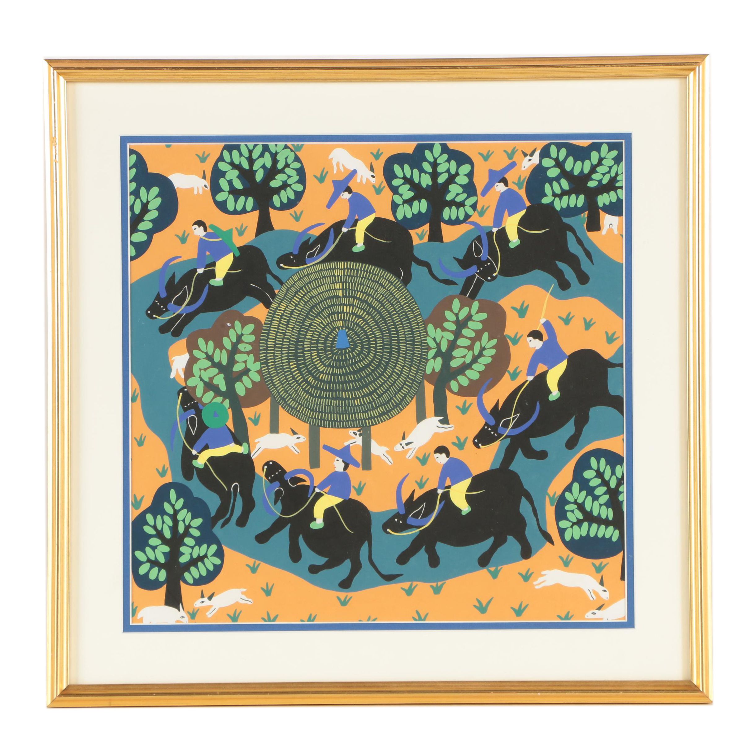 Serigraph After Chinese Jinshan Folk Painting of Figures Riding Water Buffalo