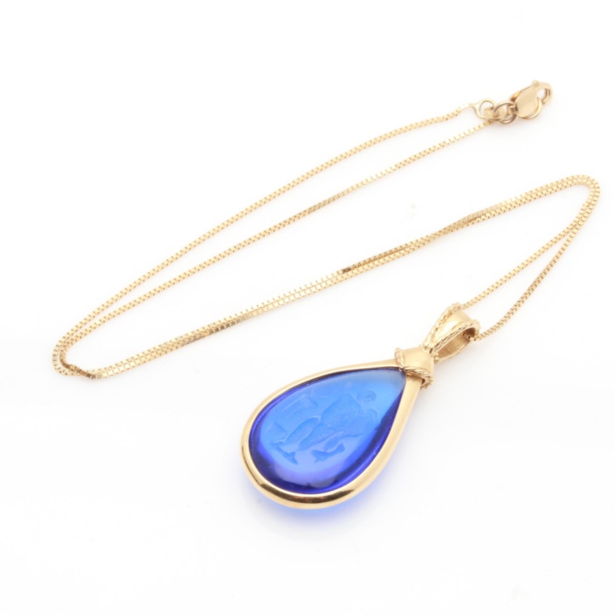 14K Yellow Gold Blue Glass Intaglio Pendant Necklace
