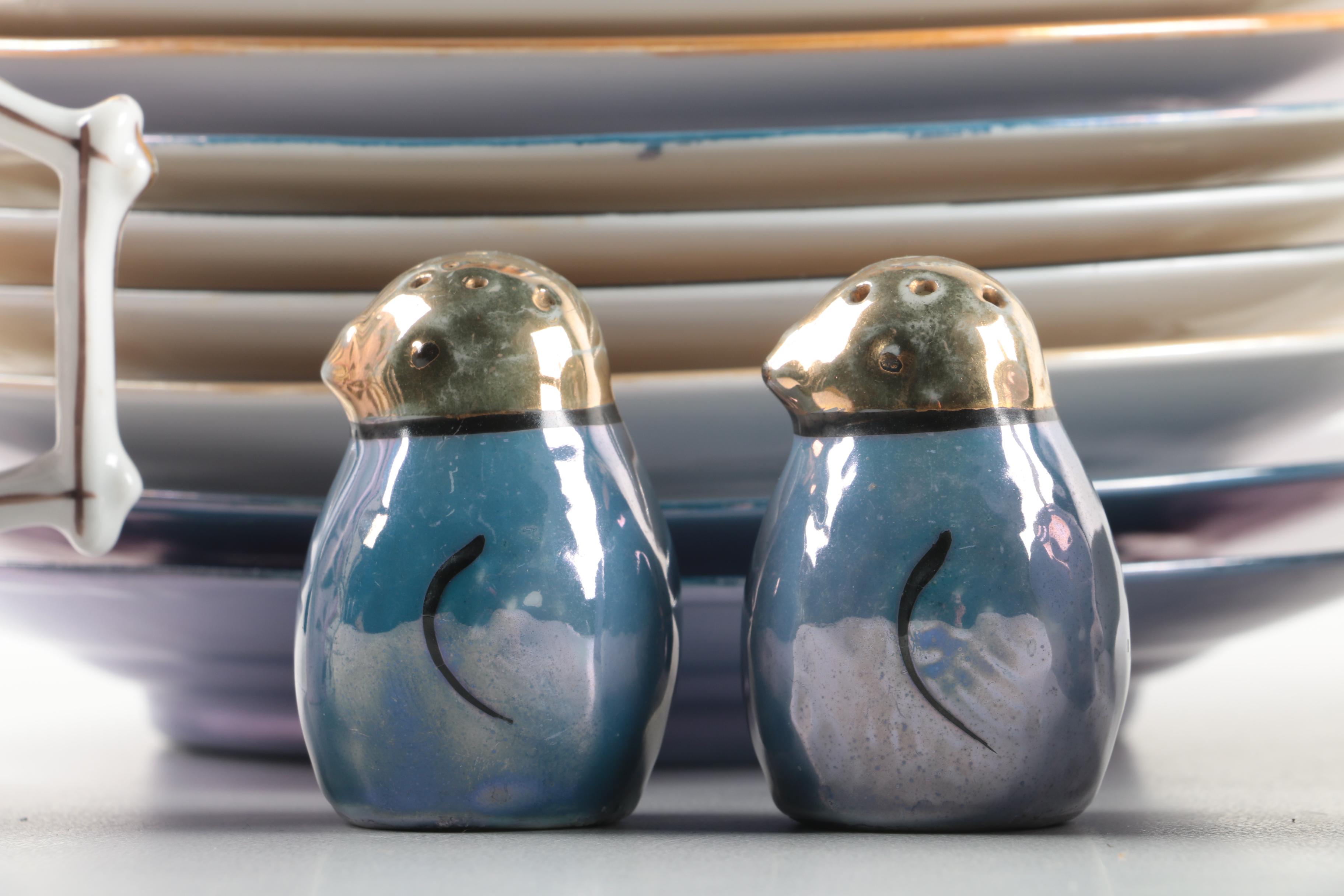 Vintage Blue and Peach Luster Tableware Including Richard Ginori and Atlas