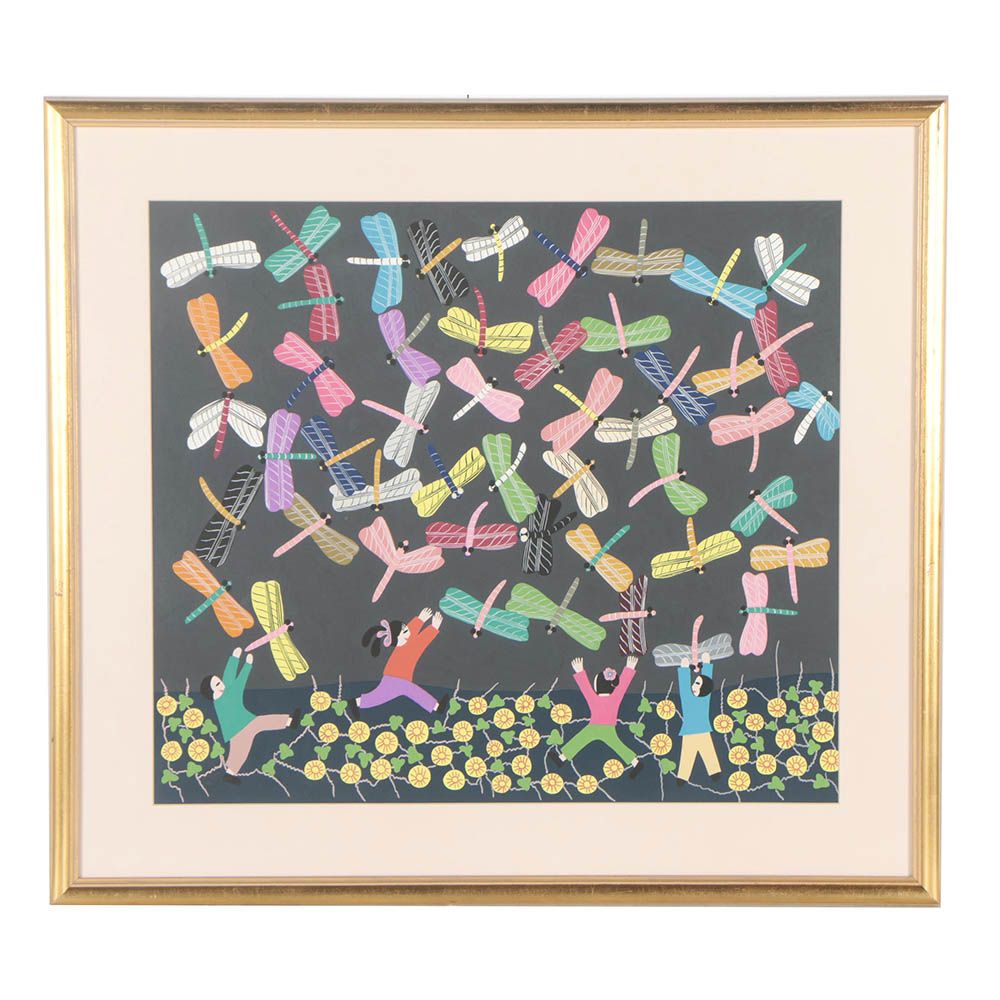 Serigraph After Jinshan Folk Painting of Children Chasing Dragonflies