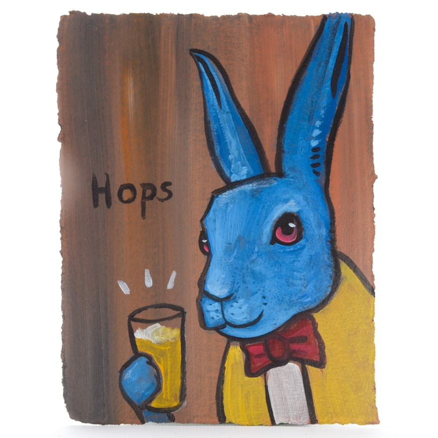 N. Scott Carroll Outsider Pop Art Acrylic Painting of Bunny with Beer