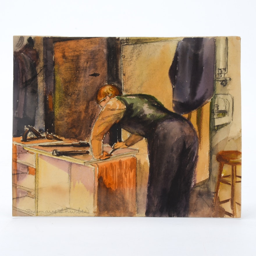 Rosemary Thurber Watercolor Painting of Man Working in Studio