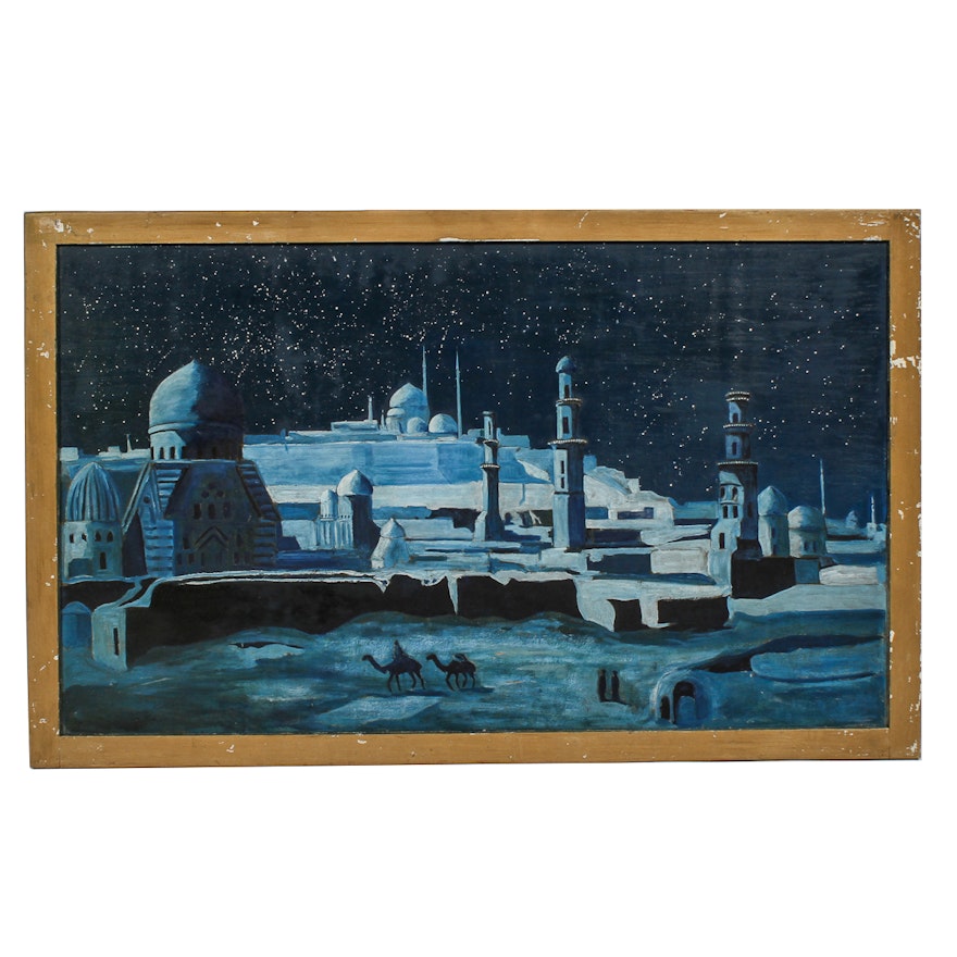 Mid Century Acrylic Painting on Board of Arabian Night Scene