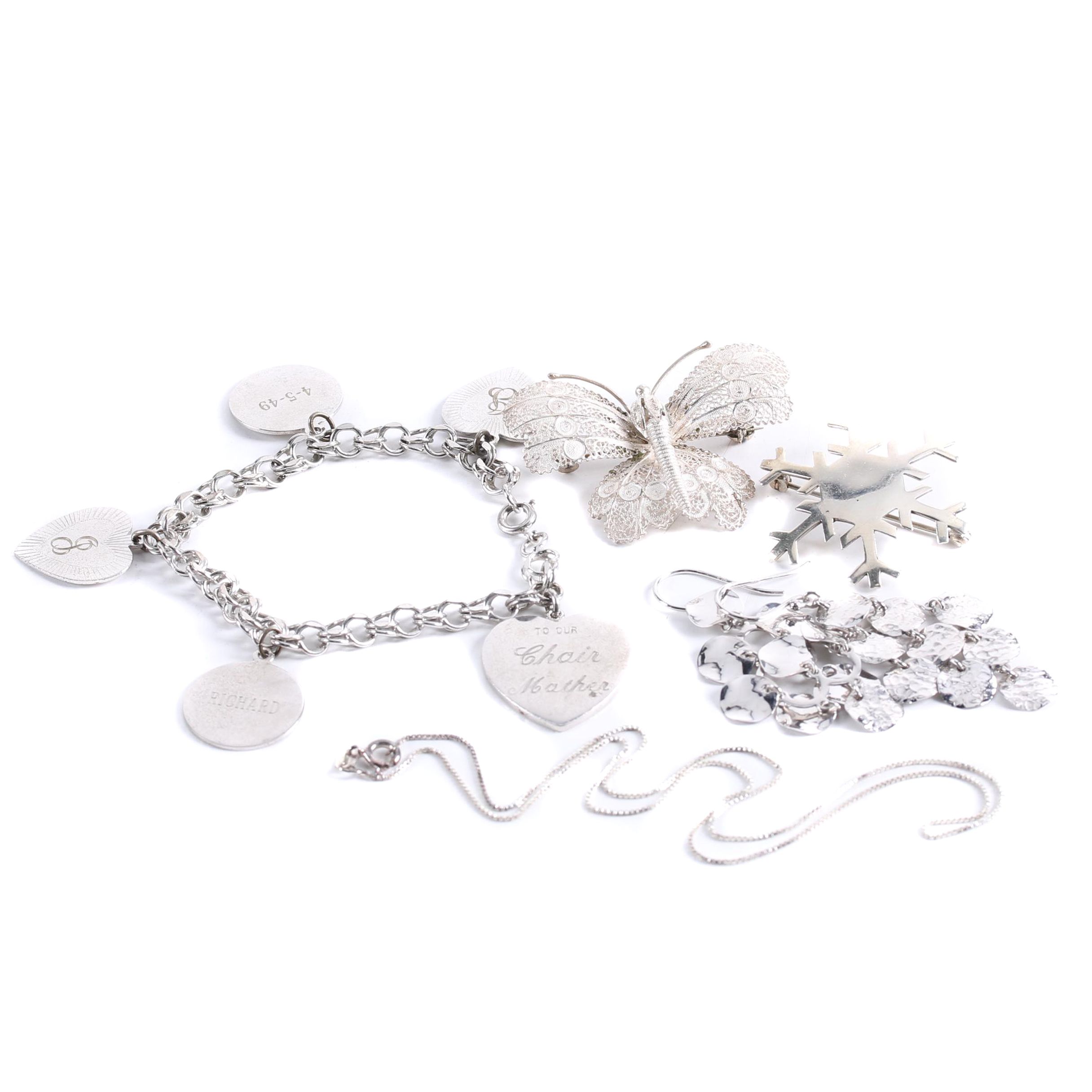Sterling Silver Necklace, Charm Bracelet, Earrings and Brooches