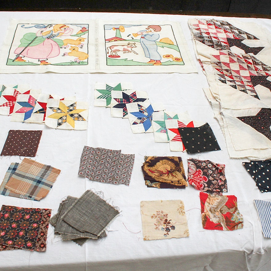 Hand-Pieced Quilt and Fabric Squares