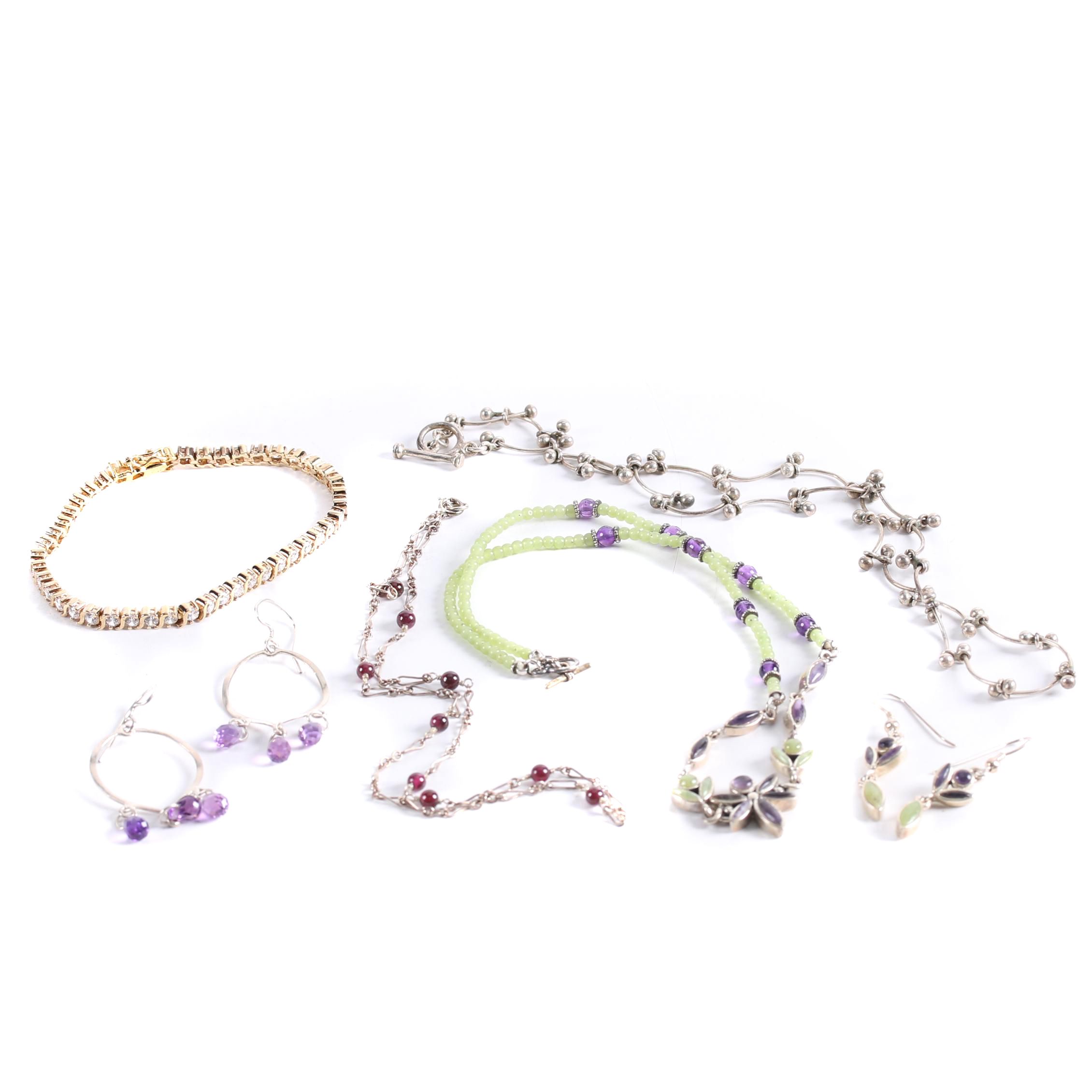 Sterling Silver Amethyst, Prehnite and Garnet Jewelry Assortment
