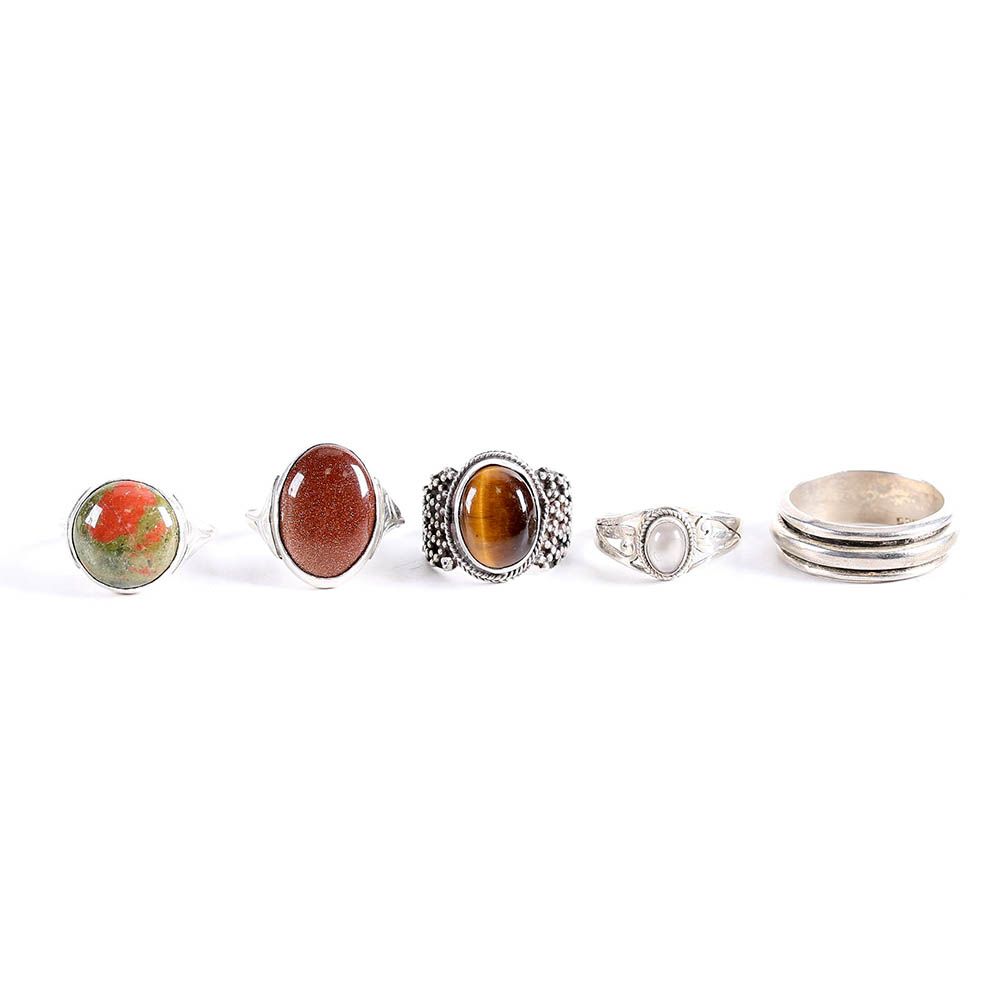 Selection of Sterling Silver Tiger's Eye, Unakite, Goldstone and Moonstone Rings