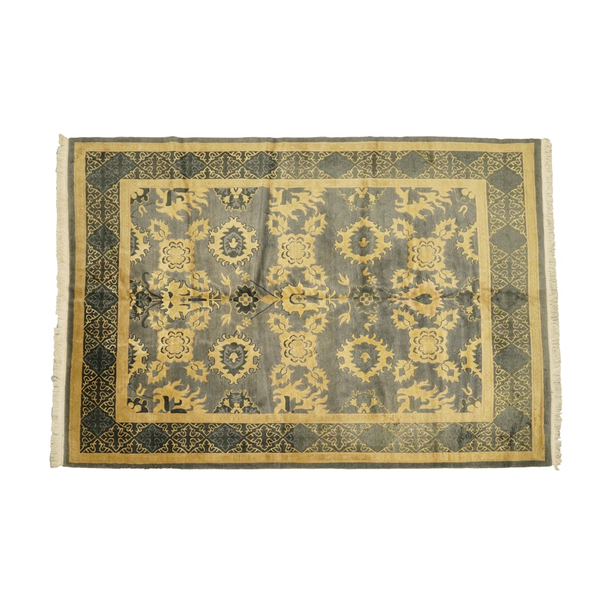 Hand-Knotted and Carved Nepalese Tibetan Wool and Silk Blend Area Rug