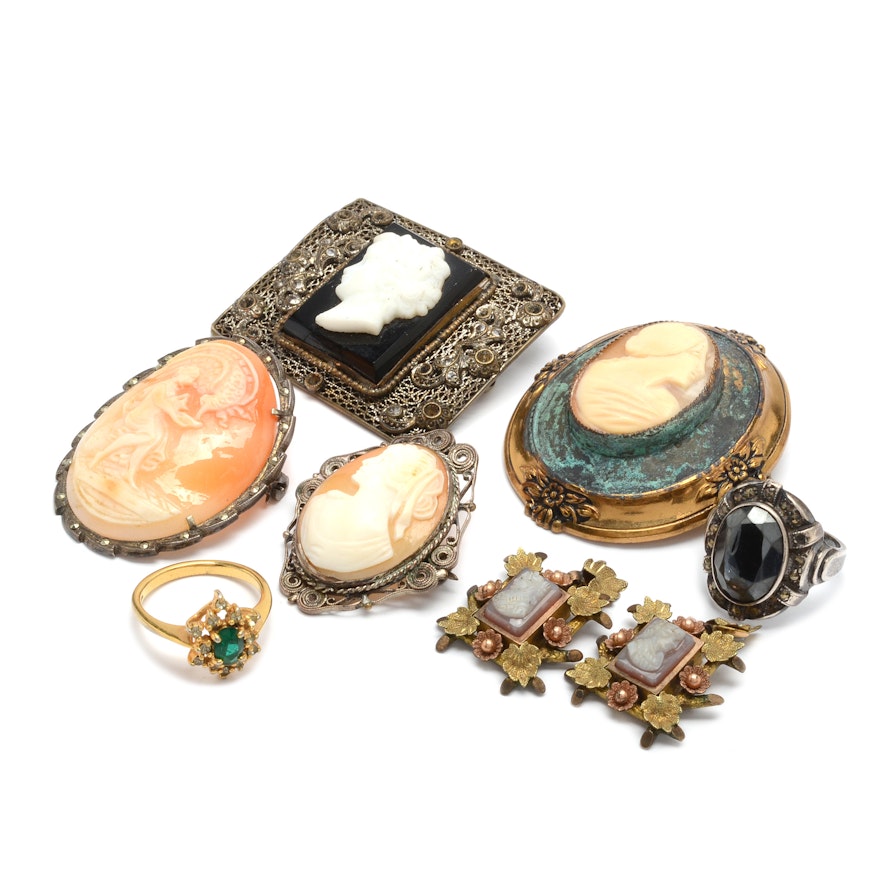 Assortment of Cameos Brooches Plus Other Jewelry