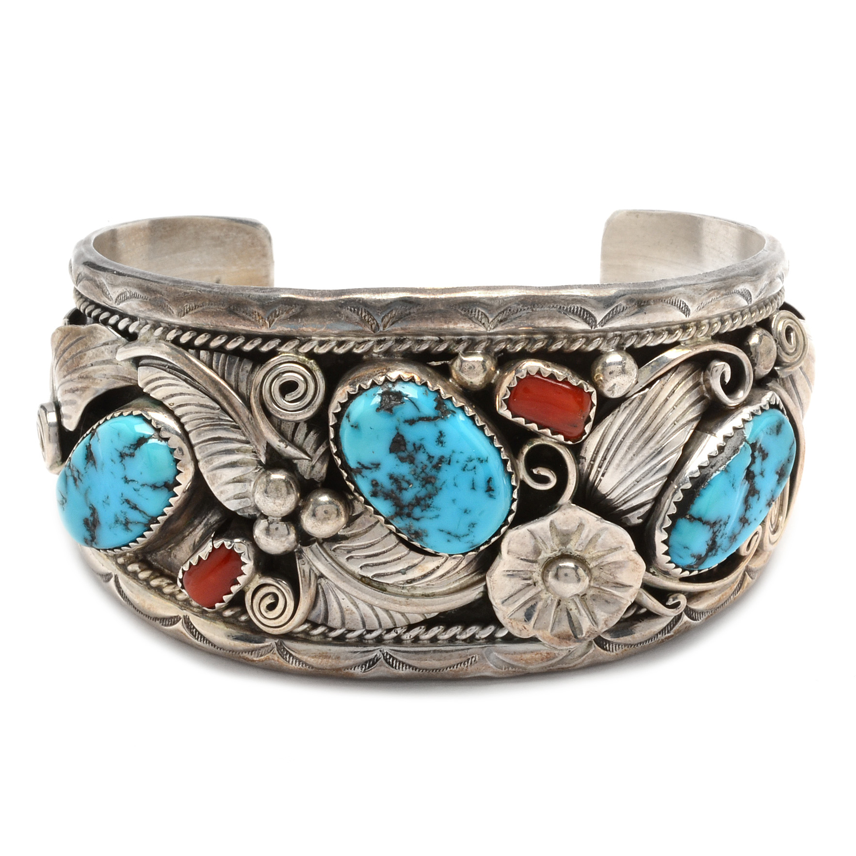 Herbert Tsosie Signed Sterling Silver Turquoise and Coral Cuff Bracelet