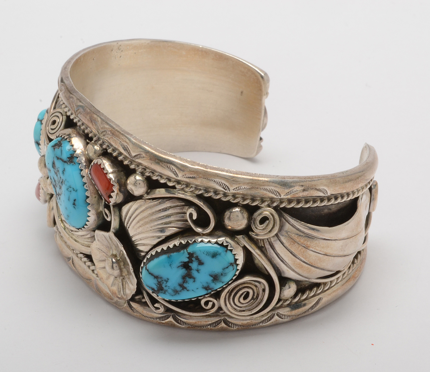Herbert Tsosie Signed Sterling Silver Turquoise and Coral Cuff Bracelet