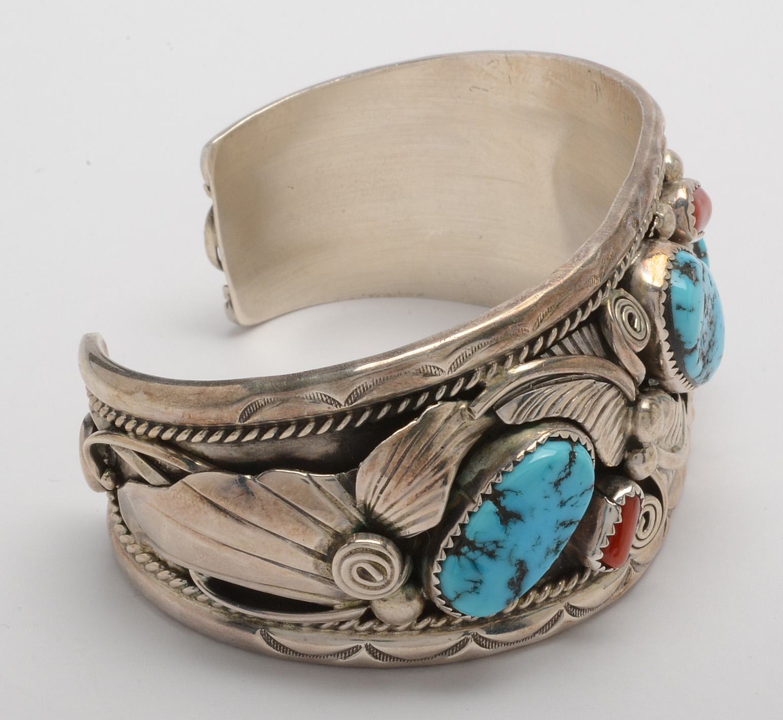 Herbert Tsosie Signed Sterling Silver Turquoise and Coral Cuff Bracelet