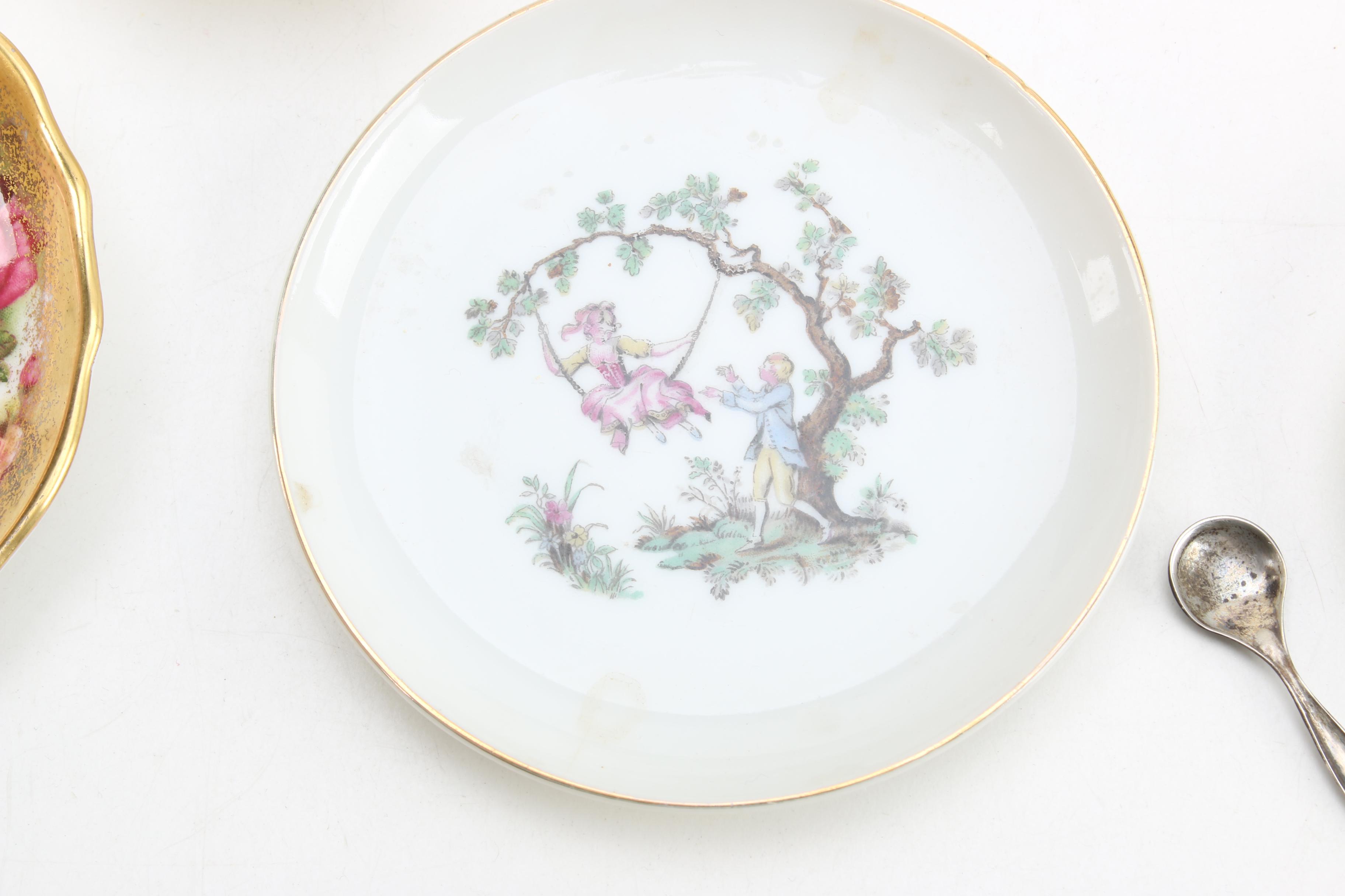 Royal Chelsea "Golden Rose" Saucers with Silver Plate Spoon and Other Tableware