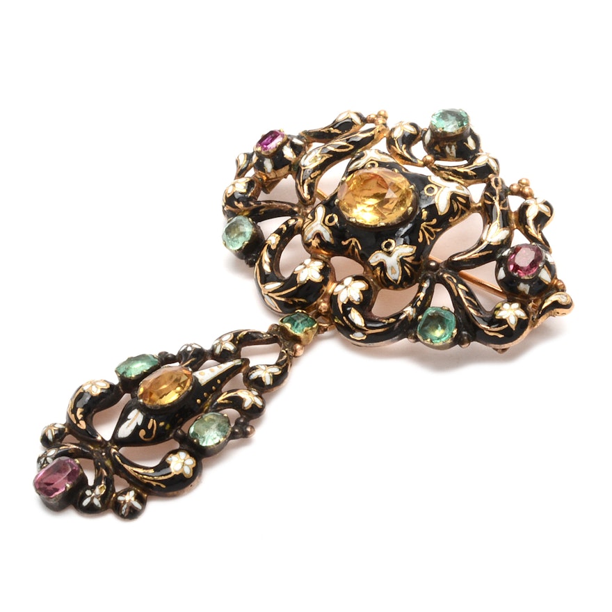 Antique 18K Gold Enamel Brooch with Various Gemstones