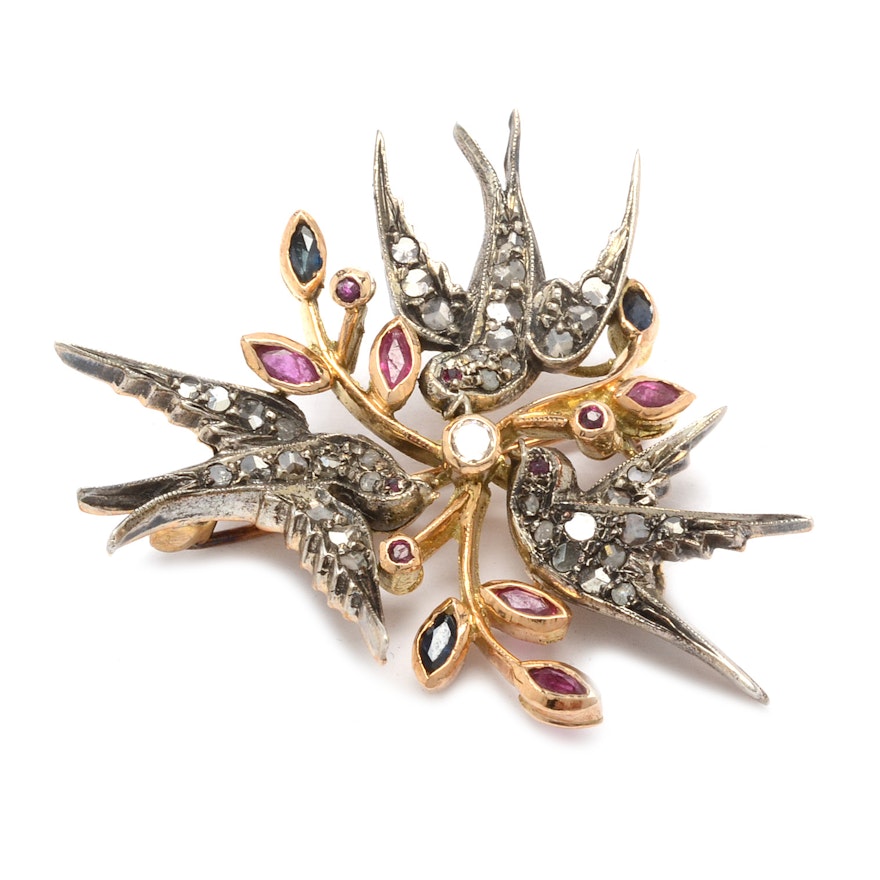 14K Gold and Sterling Silver Victorian Brooch with Gemstones