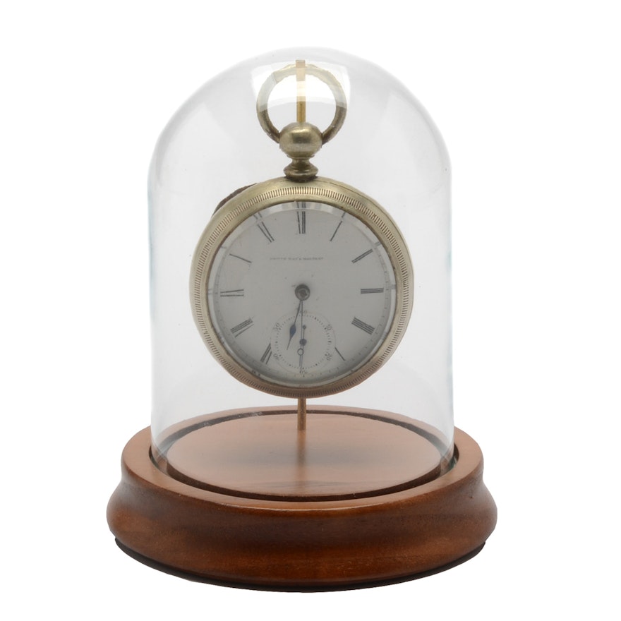 Elgin Open Face Pocket Watch and Domed Display Stand