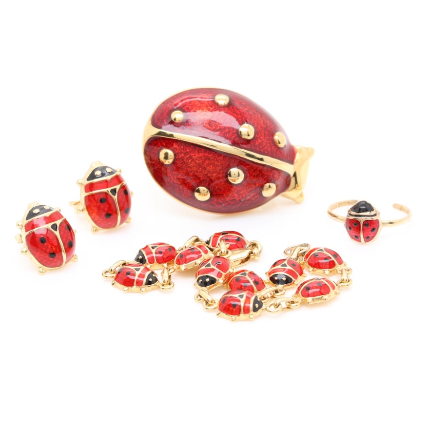 10K and 14K Yellow Gold Enamel Lady Bug Earrings, Bracelet, Brooch and Ring