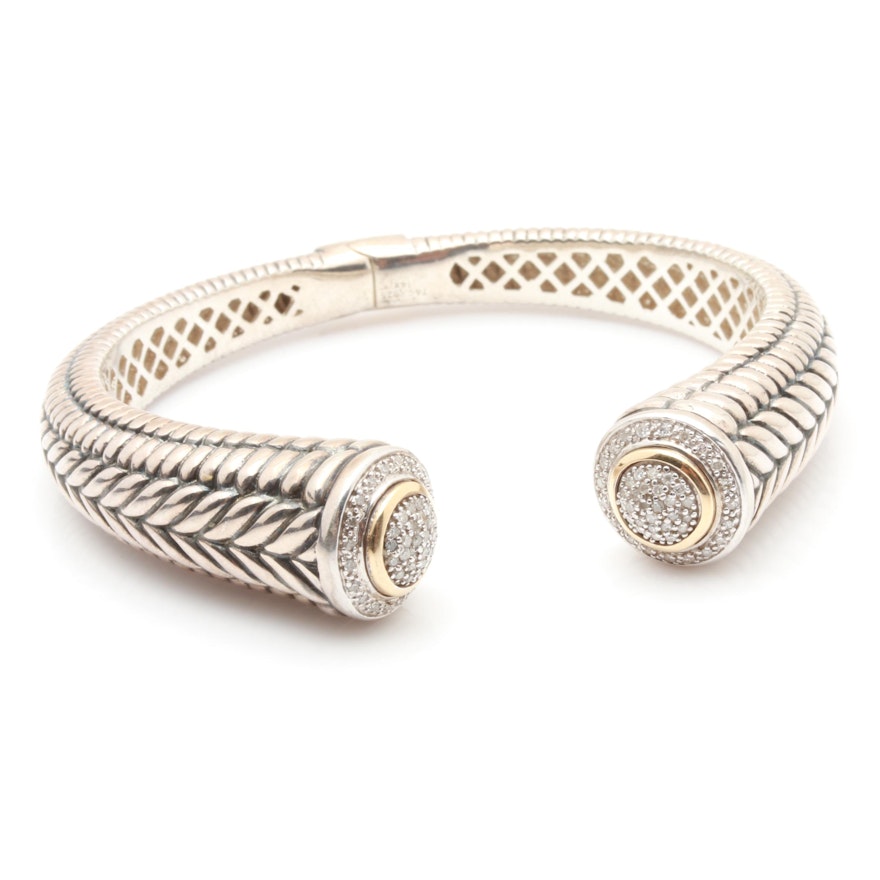 Sterling Silver Diamond Hinged Cuff Bracelet With 14K Yellow Gold Accents