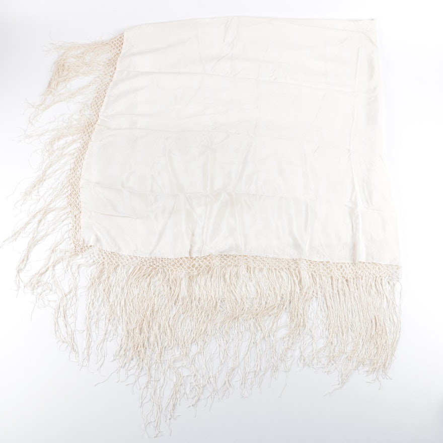 Vintage Cream-Colored Shawl with Latticework Fringe