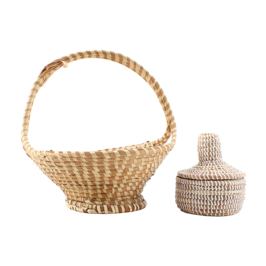 Woven Handled Flower Basket and Woven Lidded Basket