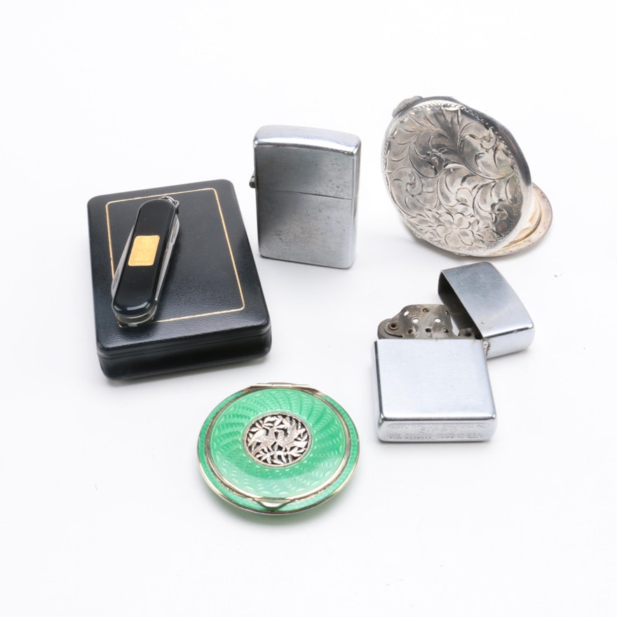 Victorinox Gold Ingot Knife with Birks Sterling Compact and Zippo Lighters