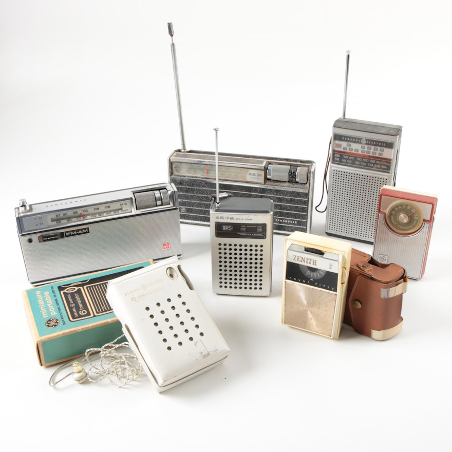 Transistor Radios, Including GE, Zenith, Panasonic and Realistic.