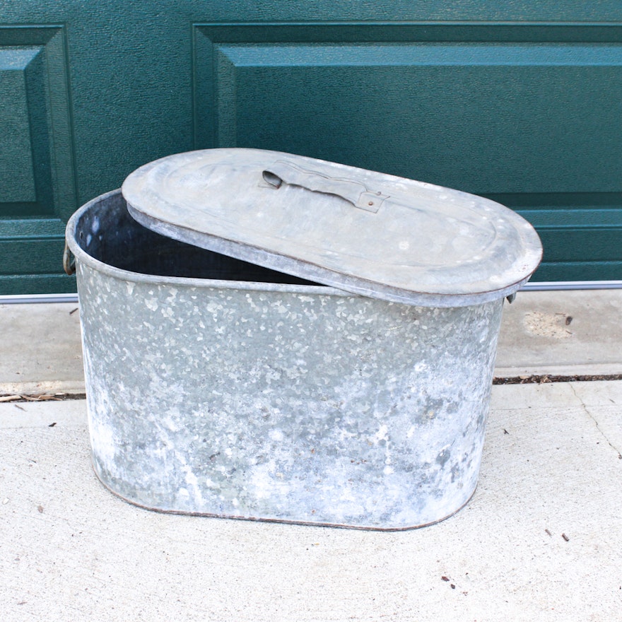 Vintage Galvanized Metal Oval Lidded Bucket