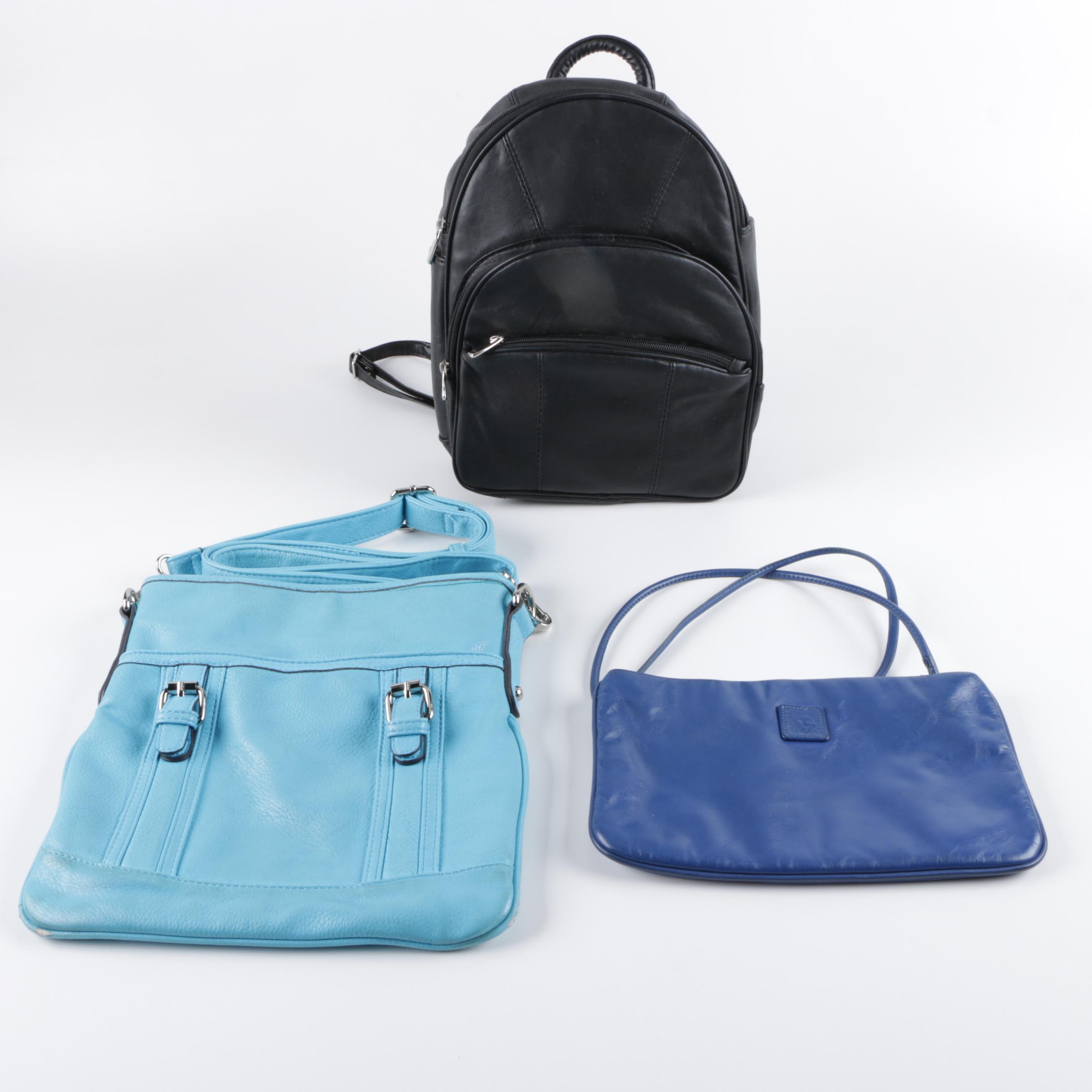 Black Leather Backpack and Blue Crossbody Bags