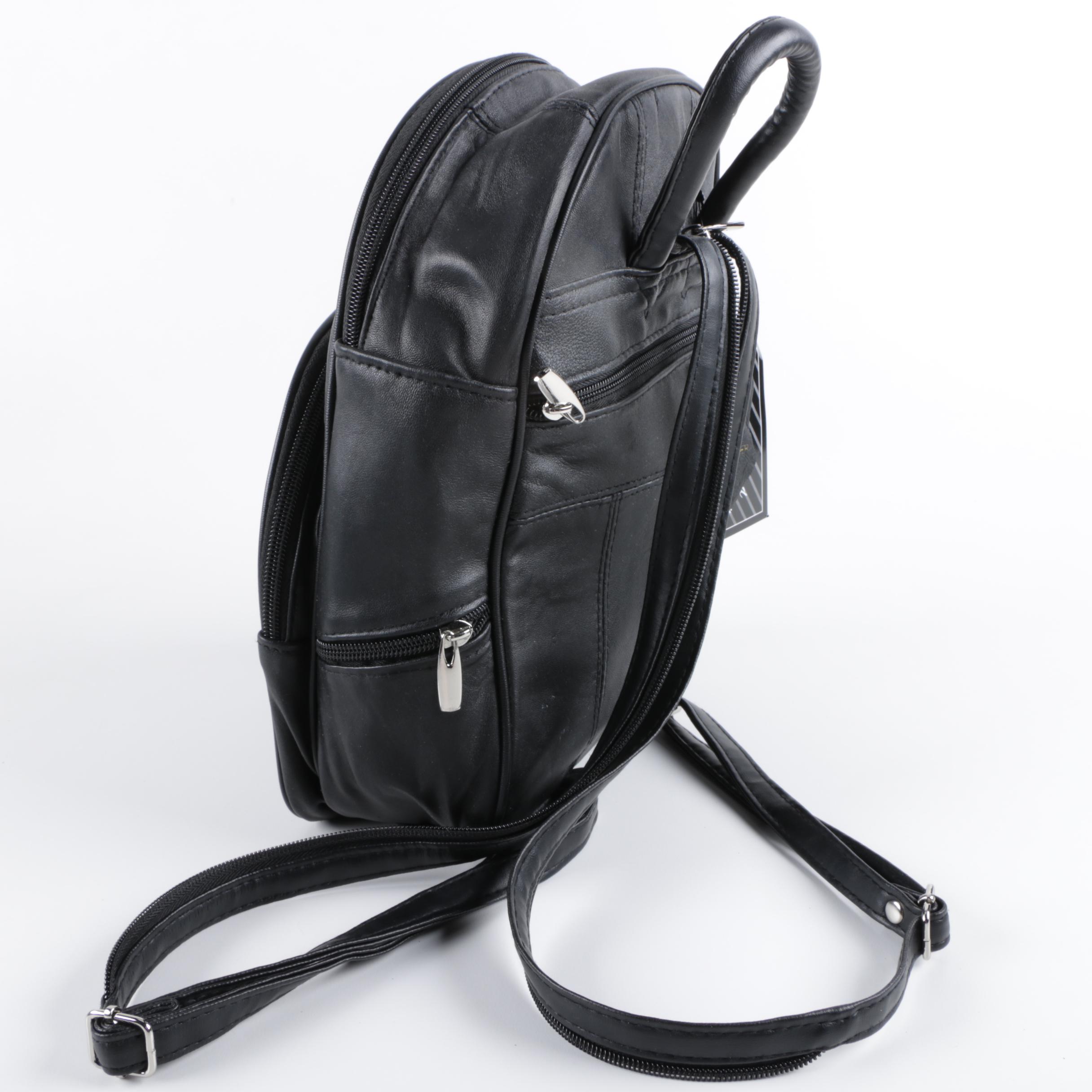 Black Leather Backpack and Blue Crossbody Bags