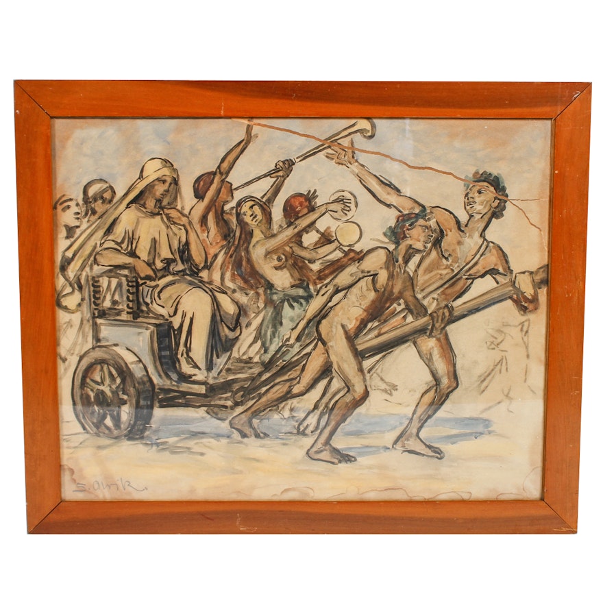 Sigurd Olrik Watercolor Painting of Greek Chariot Scene